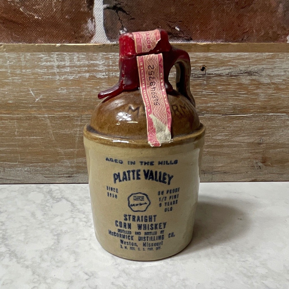 Platte Valley Straight Corn Whiskey Beige Ceramic Stoneware Liquor Jug Bottle